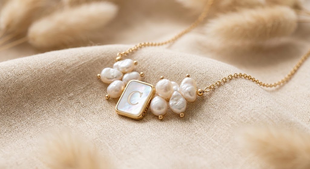 Mother-of-Pearl Initial Necklace & Pearls - Celyta 18k Gold Plated Jewelry