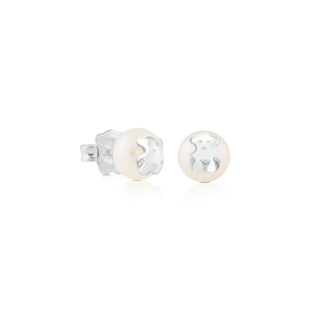 Silver Bear Pearl Drop Earrings